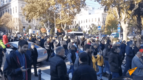 Акция протеста у Национальной библиотеки 
Грузии 29 ноября 2019 года. Стоп-кадр видео "Sputnik-Грузия"  https://sputnik-georgia.ru/video/20191129/247144476/Oppozitsiya-v-ocherednoy-raz-popytalas-pomeshat-rabote-parlamenta-Gruzii-video.html