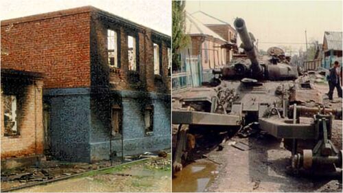 Дом на ул.Выгонной Фото ПЦ"Мемориал", 1995 г.
Подбитый в Самашках танк, стоящий на улице Кооперативной. Важно отметить, что в этой части улицы разрушенных домов немного, большинство сожженных на этой улице домов сосредоточены на ее противоположном конце. Фото В.Лозинского; апрель 1995
