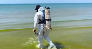 Водолаз заходит в море. Стоп-кадр видео оперштаба Краснодарского края от 08.06.25, https://t.me/opershtab23/13606. 