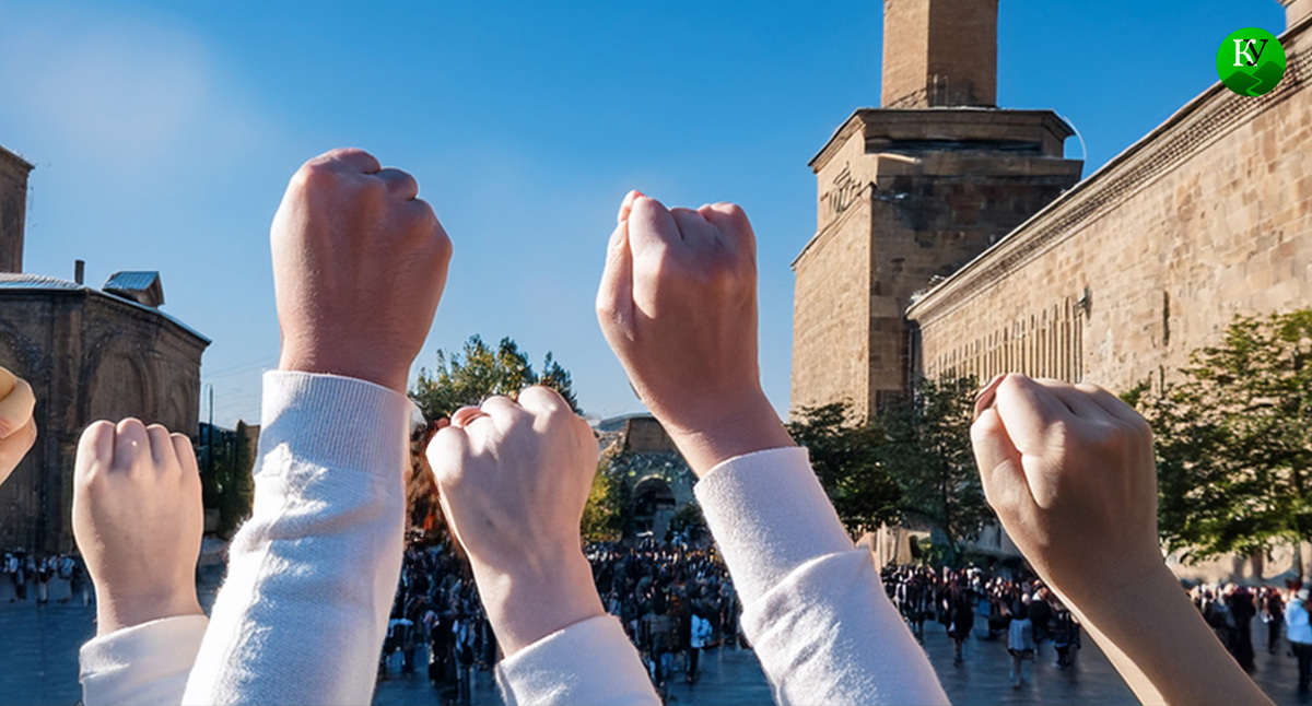 Митинг в Армении. Иллюстрация создана «Кавказским узлом» с помощью ИИ в программе Photoshop