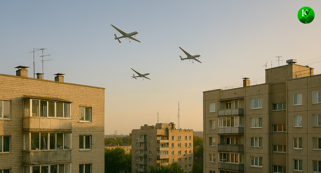 БПЛА над городом. Иллюстрация создана «Кавказским узлом» с помощью ИИ в программе Copilot