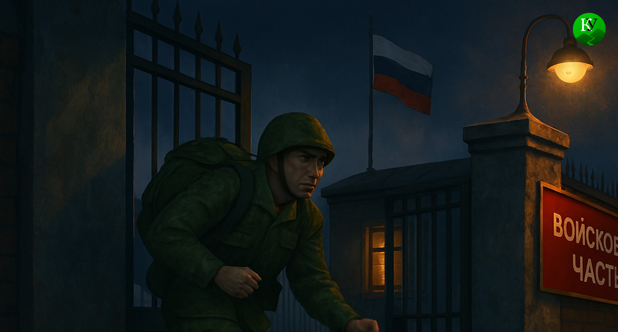 Военный покидает часть. Иллюстрация создана «Кавказским узлом» с помощью ИИ в программе Copilot