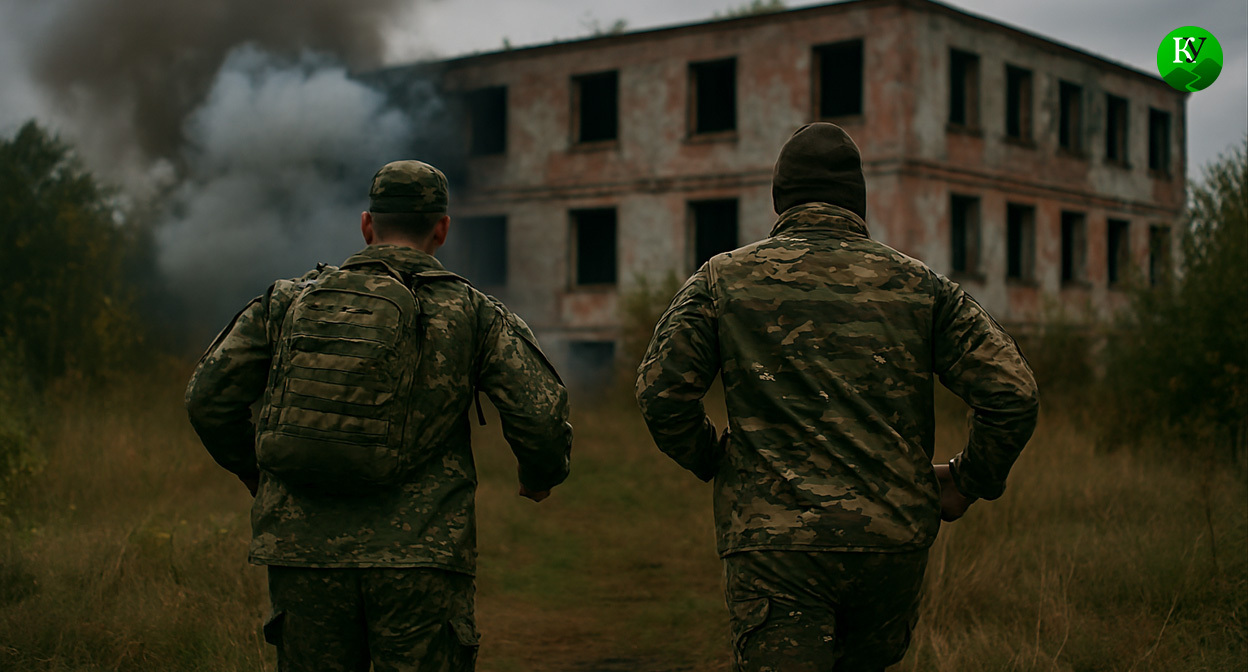 Двое военных бегут. Иллюстрация создана «Кавказским узлом» с помощью ИИ в программе Copilot