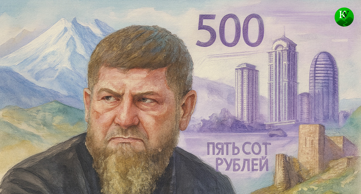 Кадыров, Эльбрус, Дербентская крепость, 500 рублей. Иллюстрация создана "Кавказским узлом" с помощью ИИ в программе Copilot